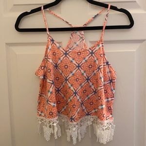 Coral, White, and blue print Racerback Crop Tank Top with Lace Fringe